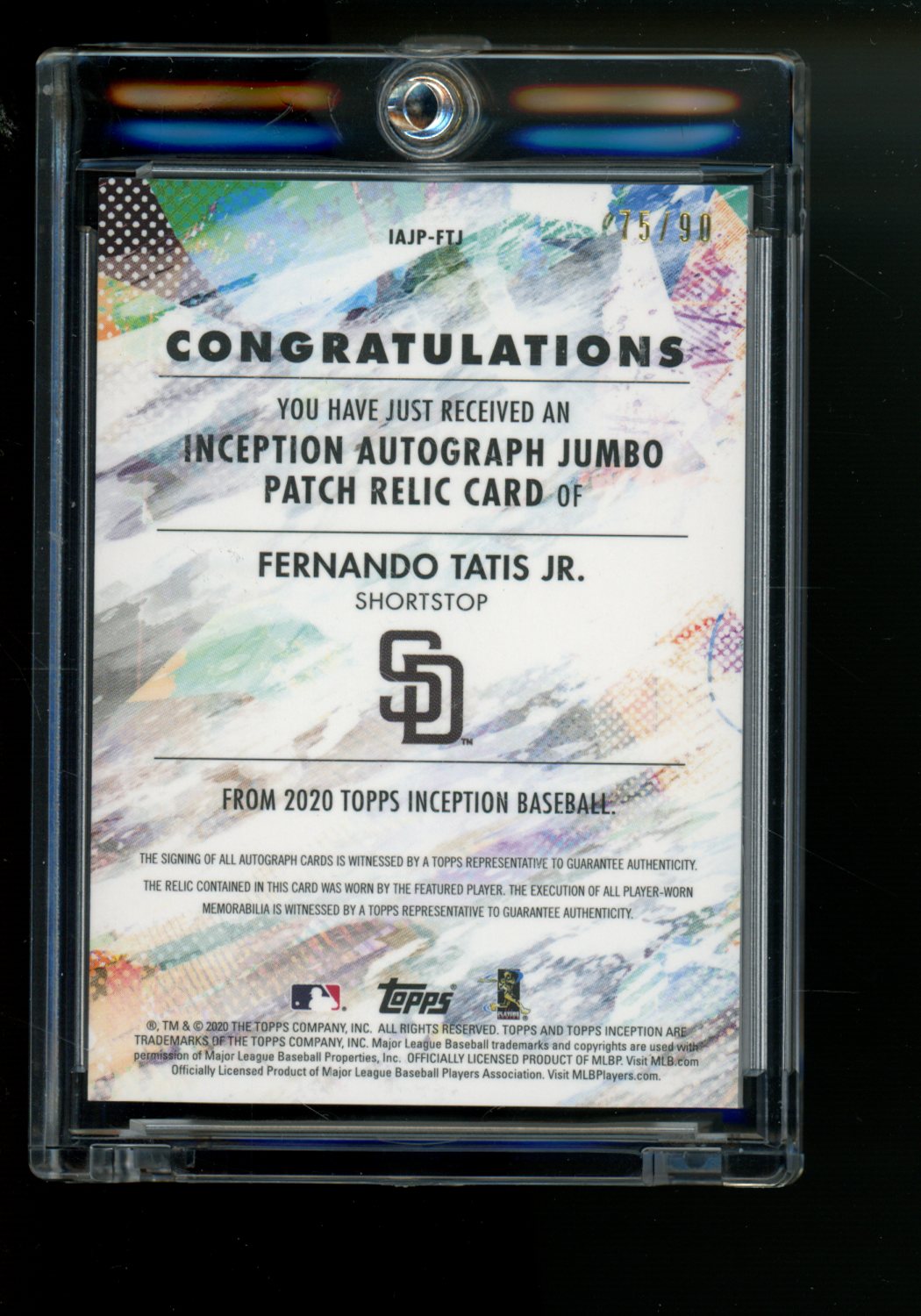 2020 Topps Inception Fernando Tatis Jr. #IAJP-FTJ Autograph Jumbo Patch 75/90