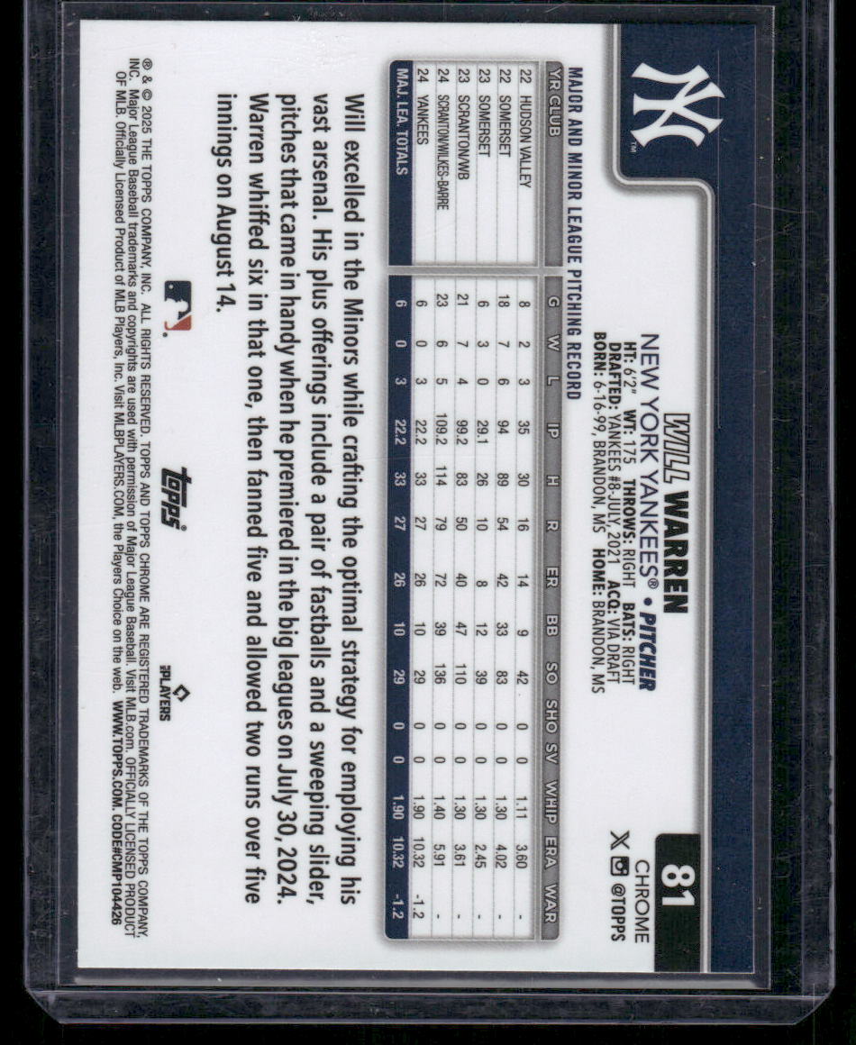 2025 Topps Chrome Will Warren #81 RC Baseball