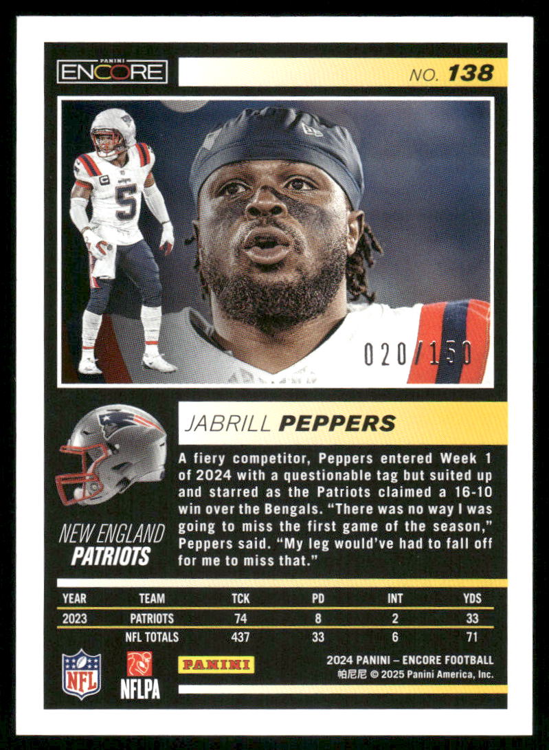 2025 Panini Pinnacle Encore Jabrill Peppers #138 020/150 Football