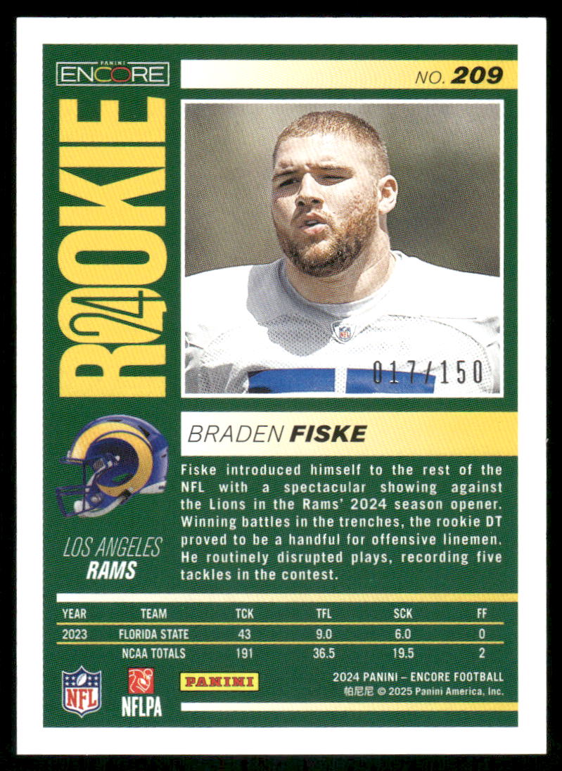 2025 Panini Pinnacle Encore Braden Fiske #209 RC 017/150 Football