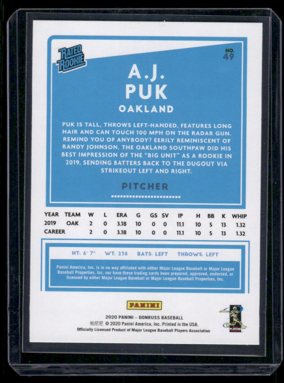 2020 Donruss Rated Rookie A.J. Puk #49 Baseball