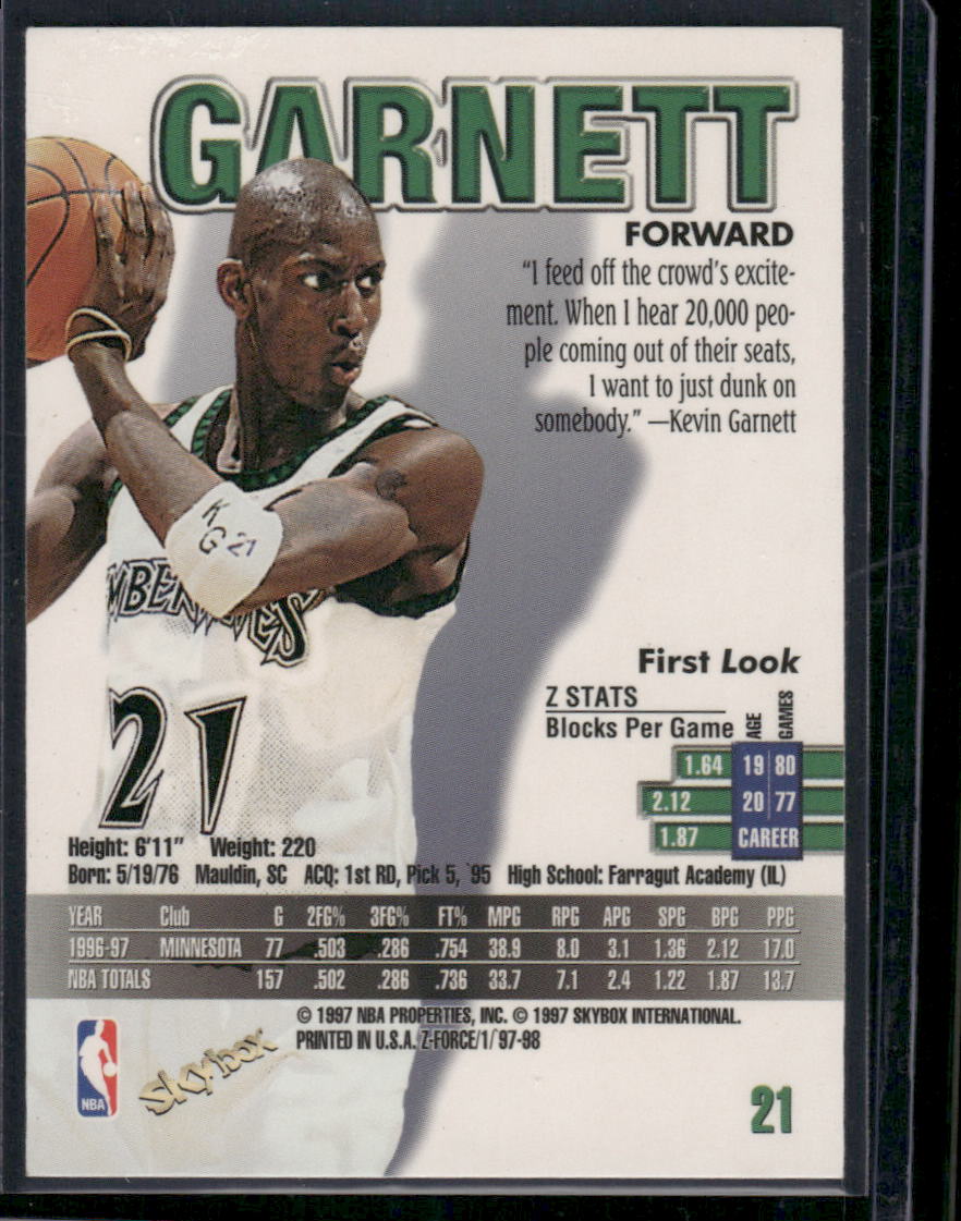 1997-98 SkyBox Z-Force Kevin Garnett #21 Basketball