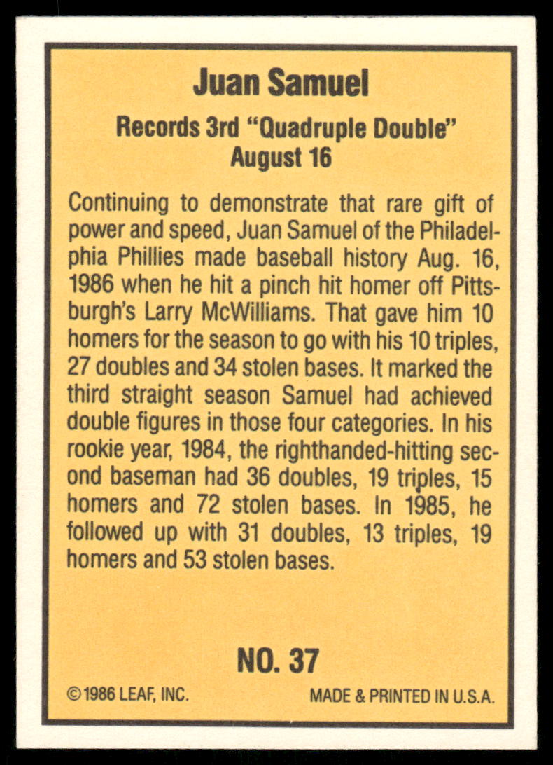 1986 Donruss Highlights Juan Samuel #37 Baseball