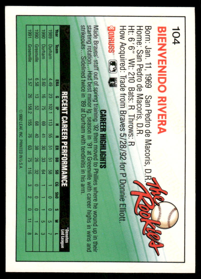 1992 Donruss The Rookies Ben Rivera #104 Baseball