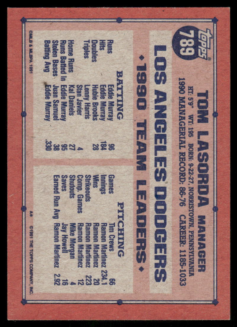 1991 Topps Tom Lasorda #789 Baseball