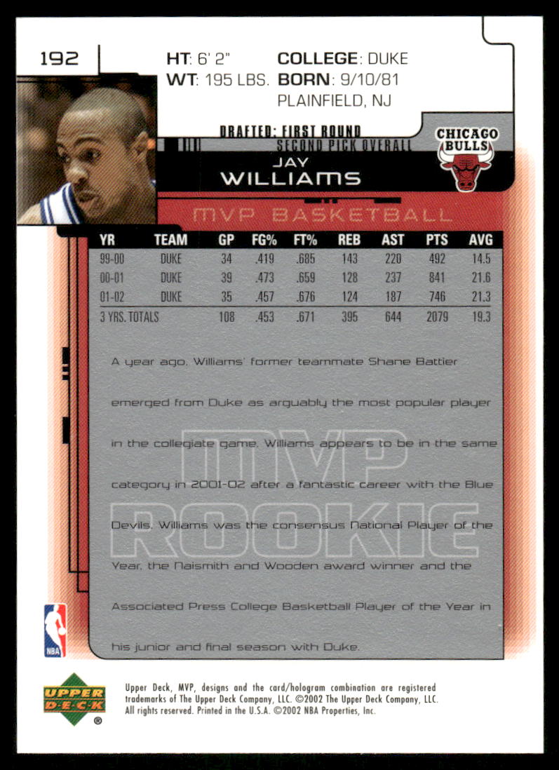 2002-03 Upper Deck MVP Jay Williams #192 Basketball