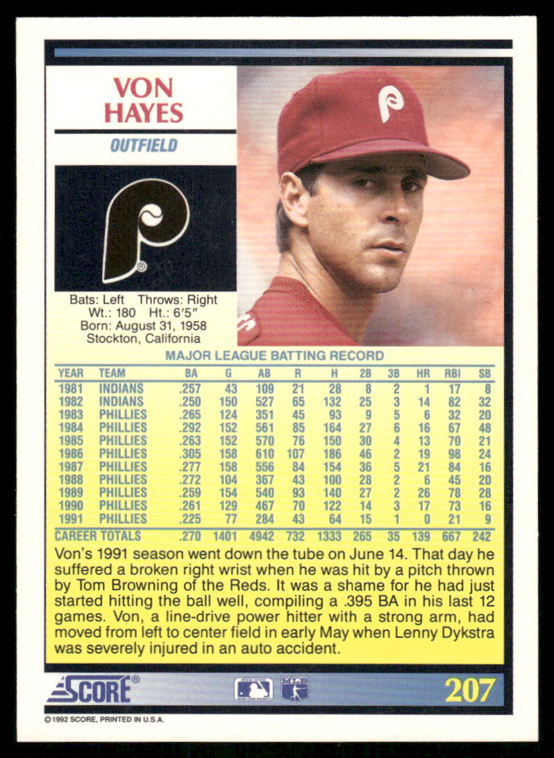 1992 Score Von Hayes #207 Baseball