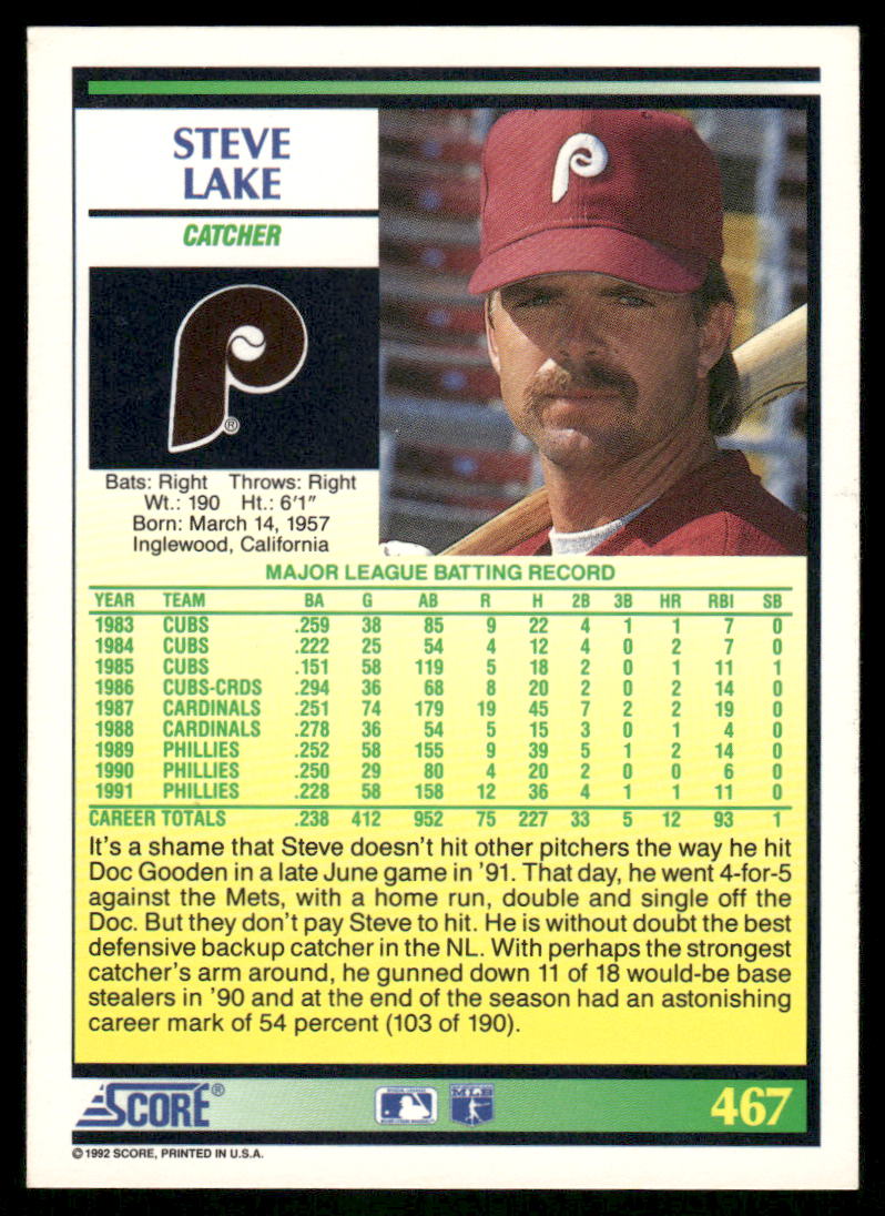 1992 Score Steve Lake #467 Baseball