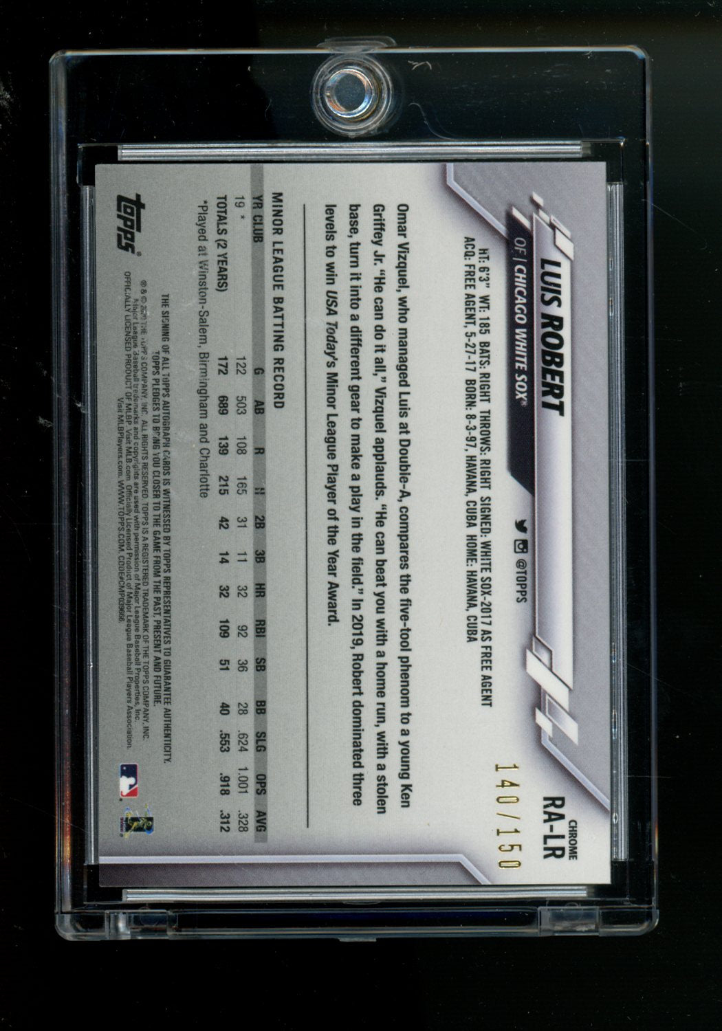 2020 Topps Chrome Rookie Autographs Luis Robert #RA-LR Autograph 140/150 RC