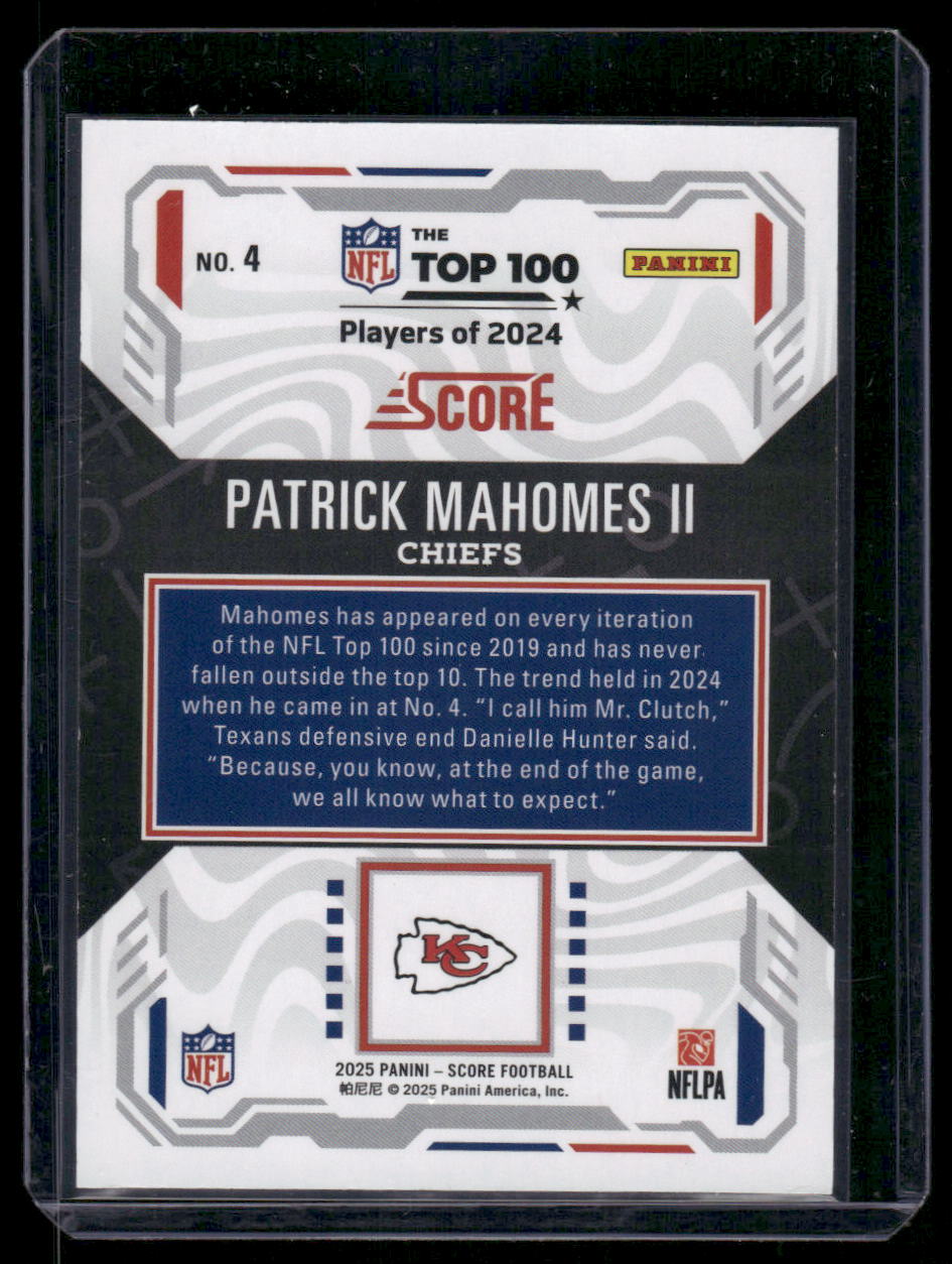 2025 Panini Score Patrick Mahomes II #NO. 4 Top 100 Football