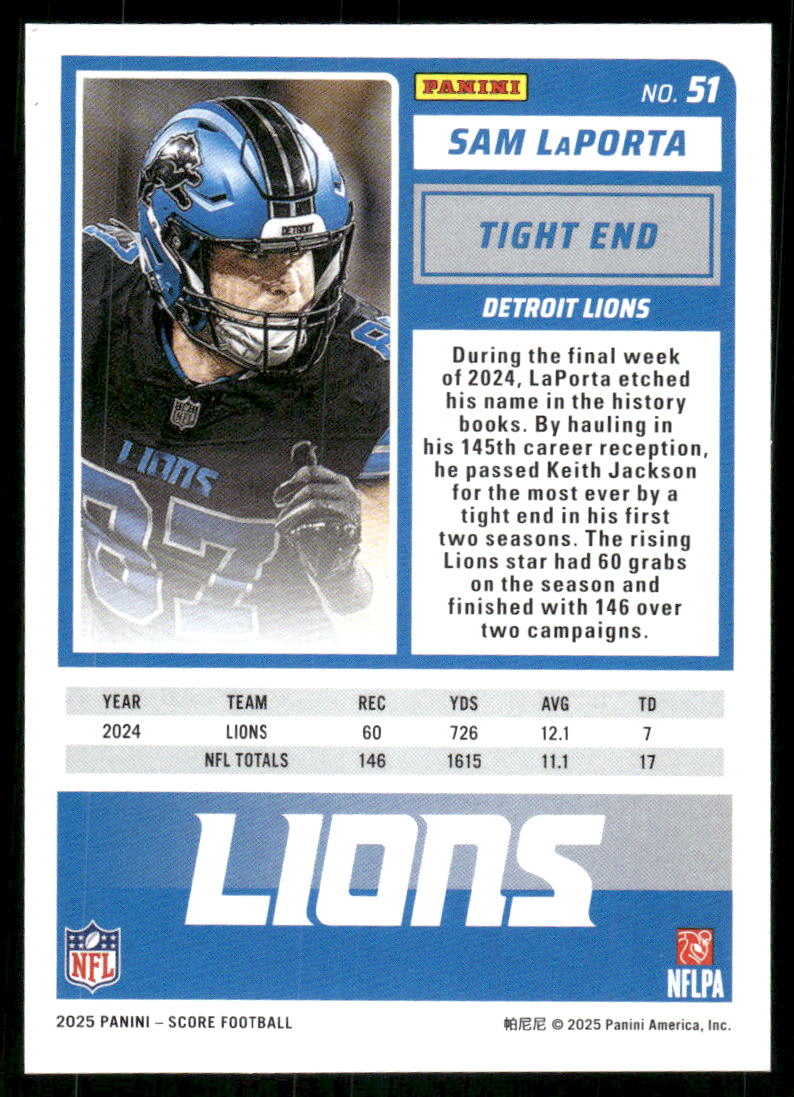 2025 Panini Score Sam LaPorta #51 Football