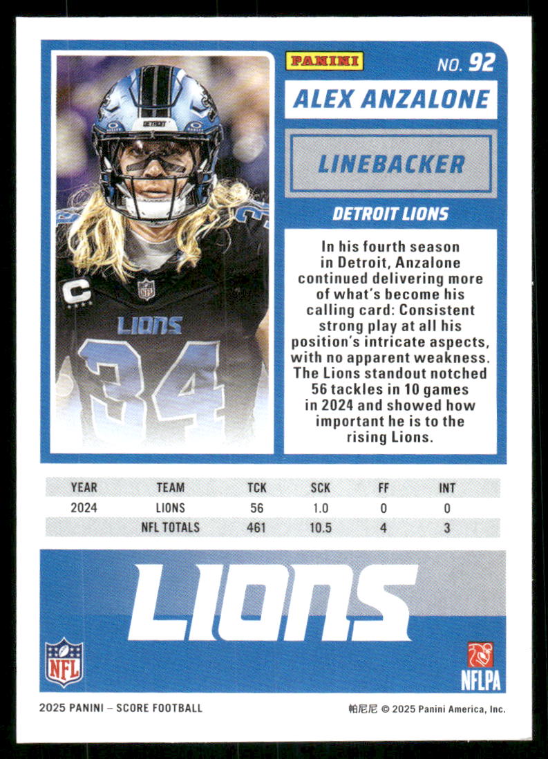 2025 Panini Score Alex Anzalone #92 Football