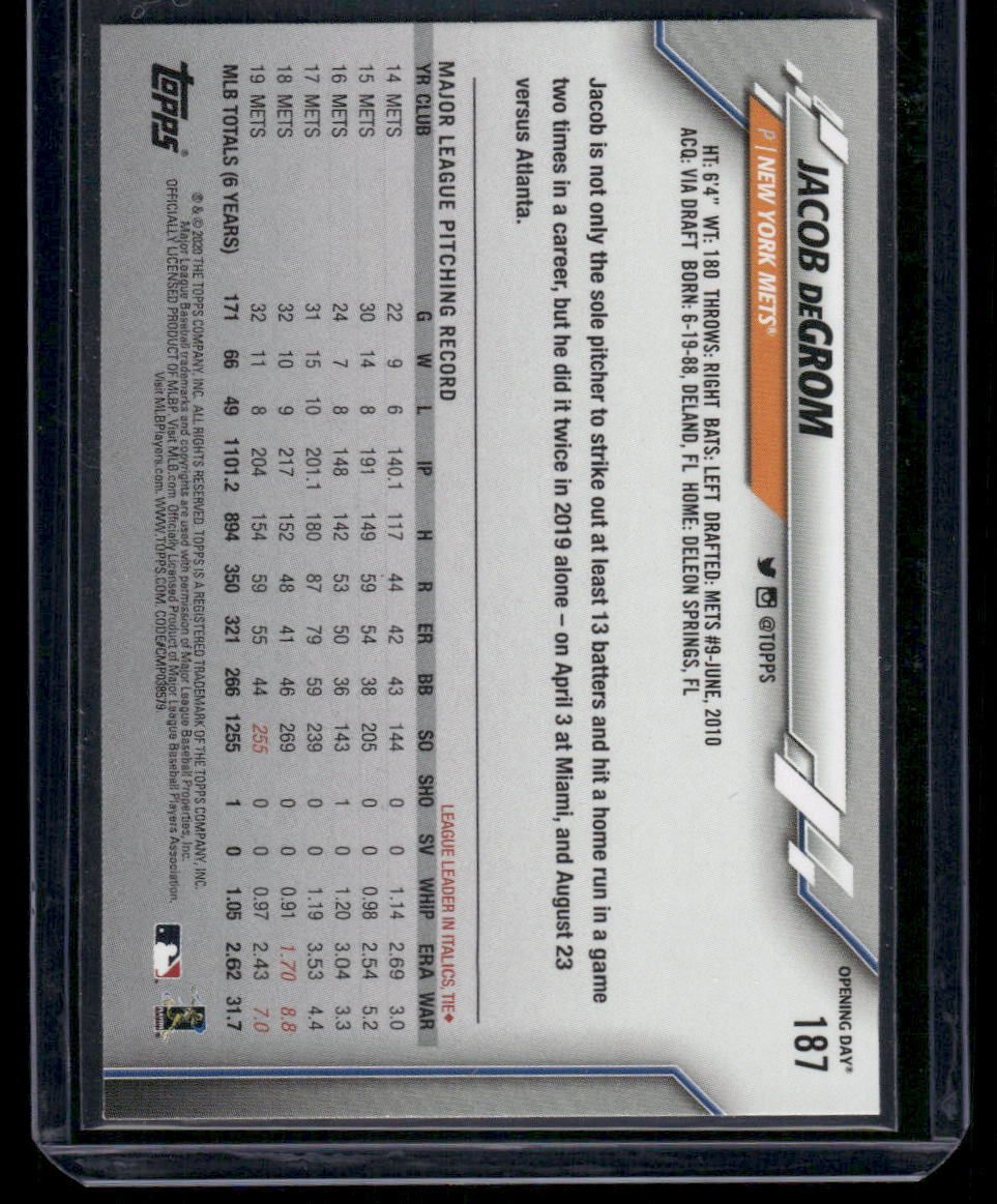 2020 Topps Opening Day Jacob deGrom #187 Baseball