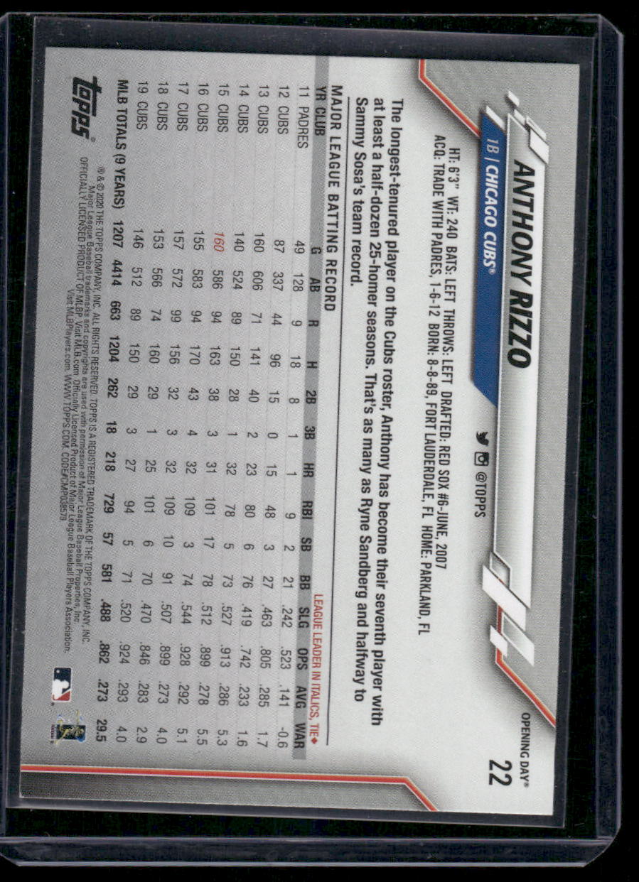 2020 Topps Opening Day Anthony Rizzo #22 Baseball