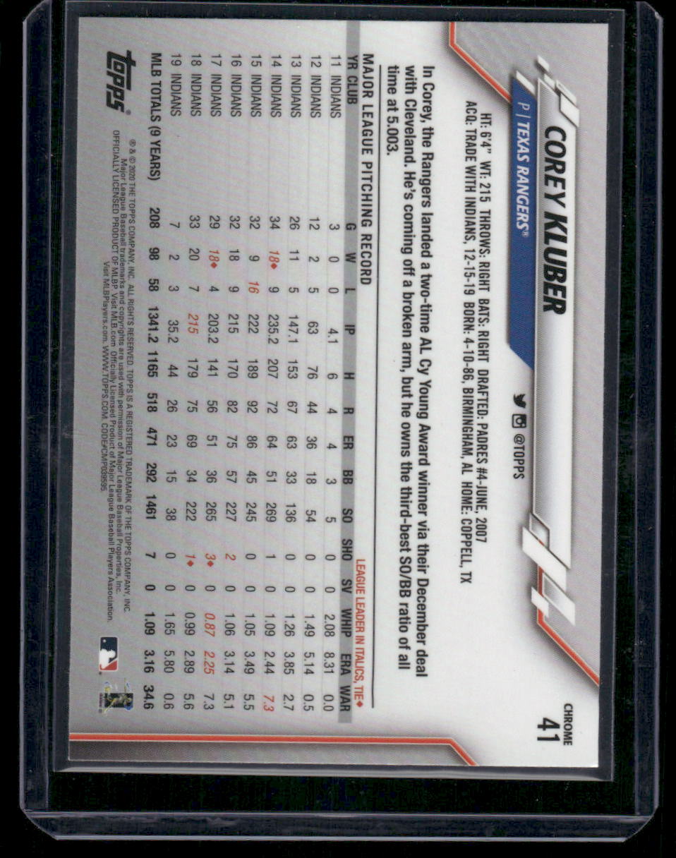 2020 Topps Chrome Corey Kluber #41 Baseball