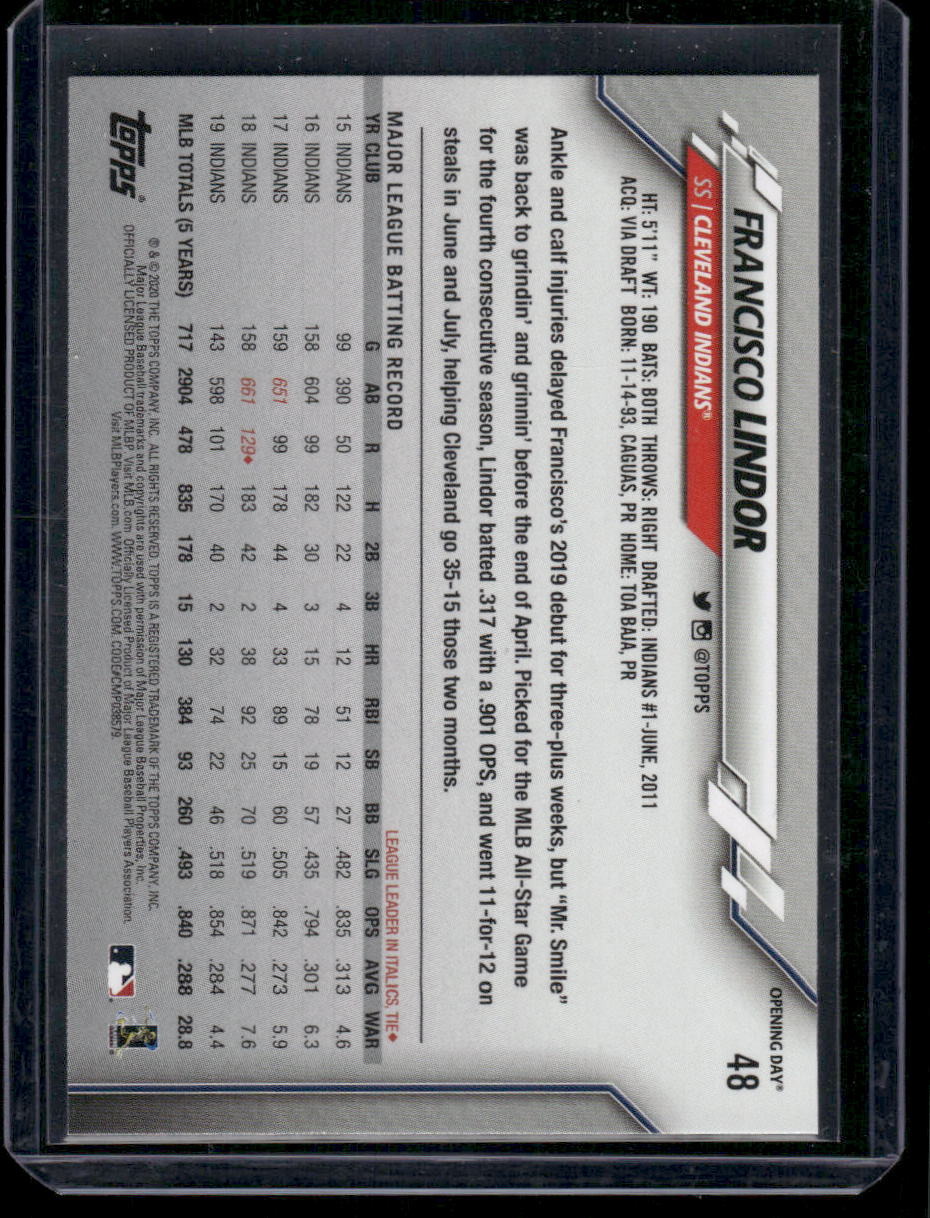 2020 Topps Opening Day Francisco Lindor #48 / Baseball
