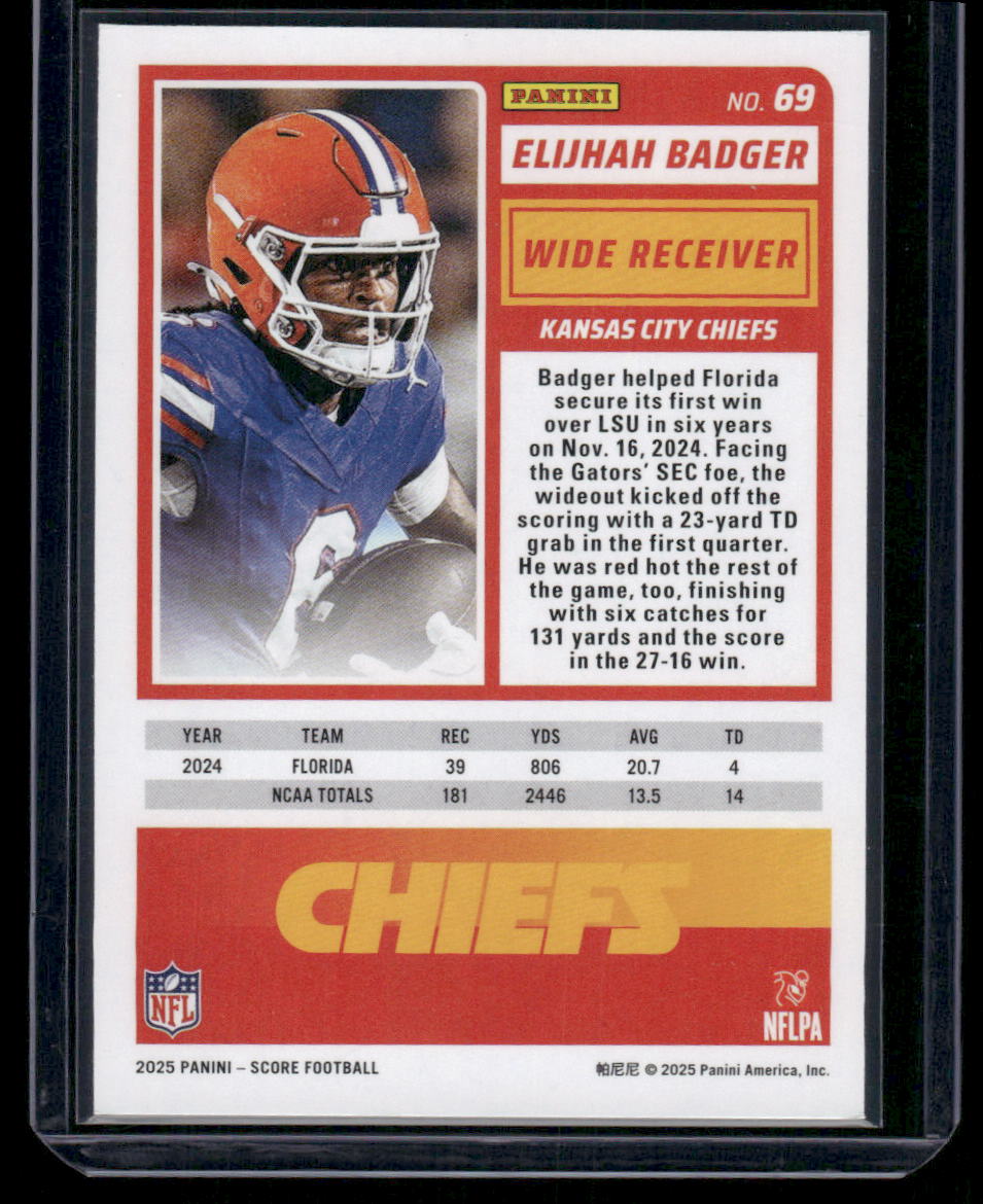 2025 Panini Score Rookie Elijah Badger #69 RC Football