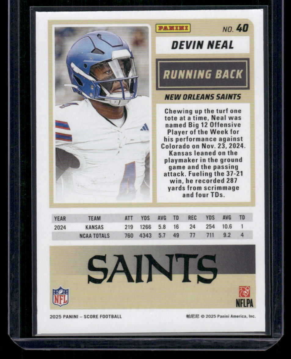 2025 Panini Score Rookie Devin Neal #40 RC Football