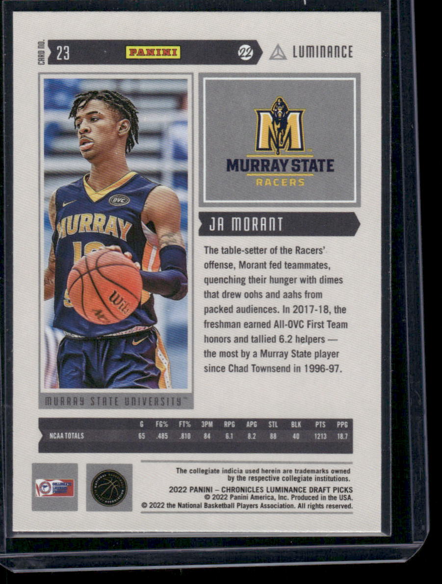 2022 Panini Chronicles Luminance Draft Picks Ja Morant #23 Basketball