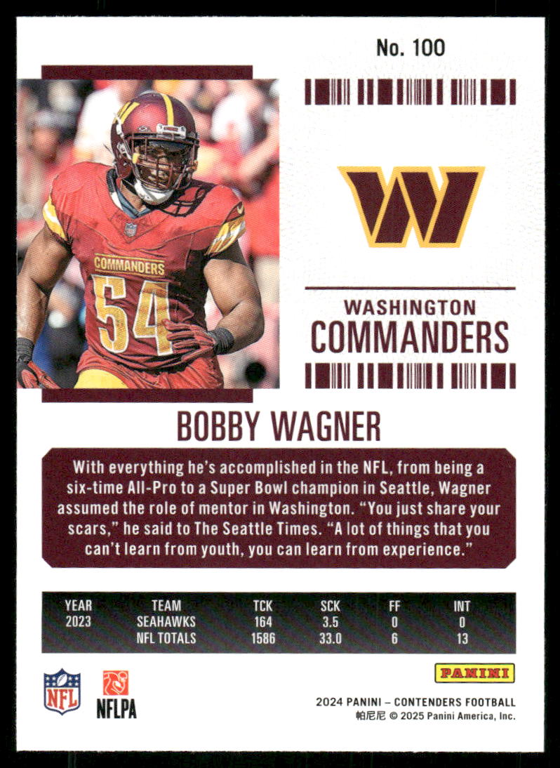 2025 Panini Contenders Football Bobby Wagner #100 Football