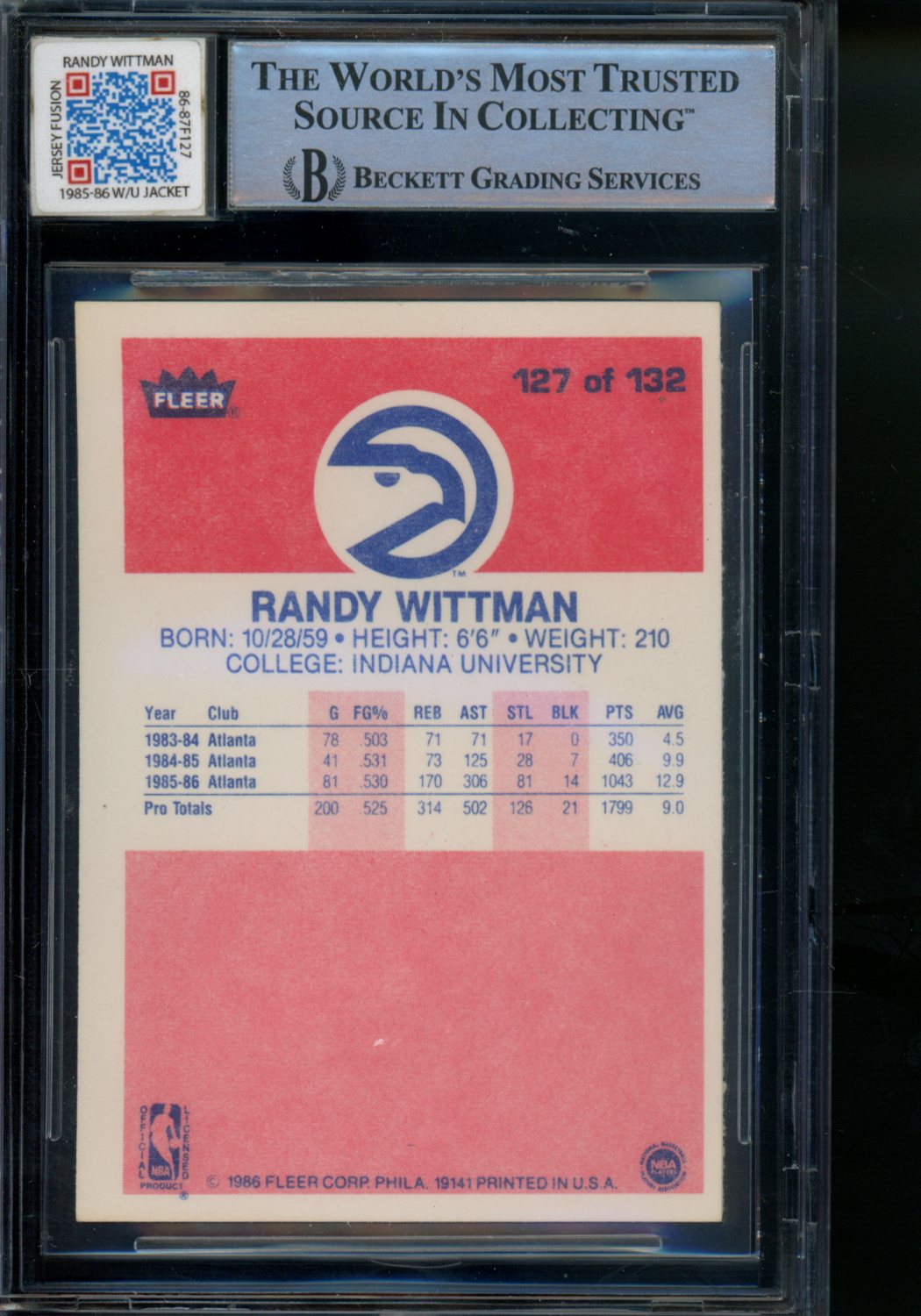 1986 Fleer Randy Wittman #127 Basketball BGS 10 Auto Game Worn Patch