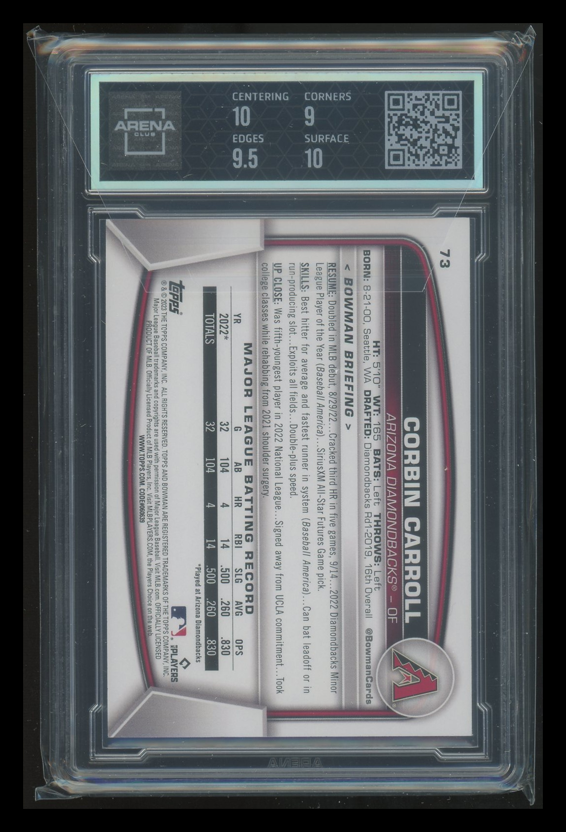 2023 Bowman Corbin Carroll #73 RC Baseball Arena Club 9.5