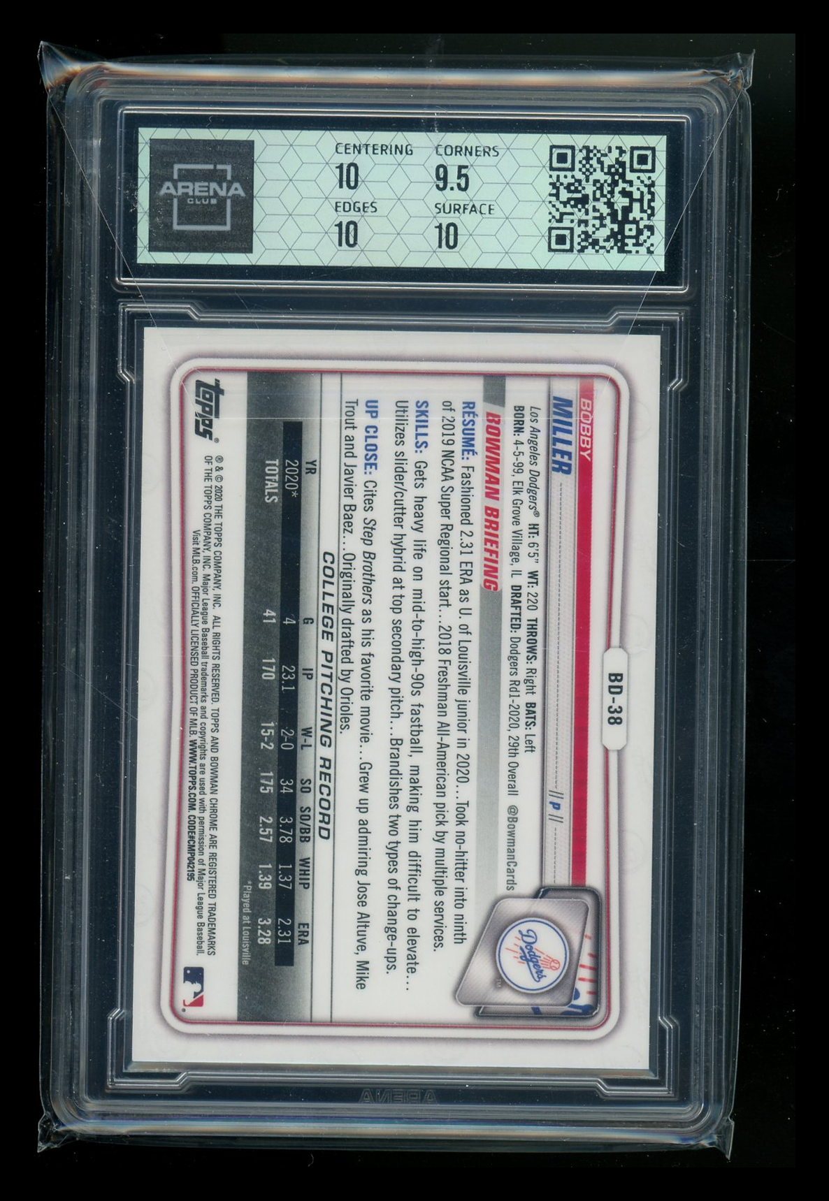 2020 Bowman Draft Chrome Blue Refractor Bobby Miller #BD-38 Arena Club 10