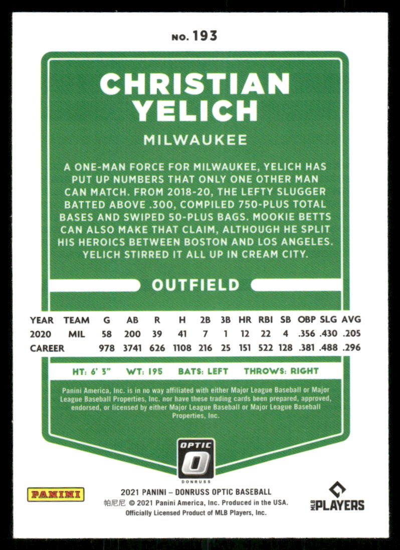 2021 Panini Donruss Optic Christian Yelich #193 Baseball