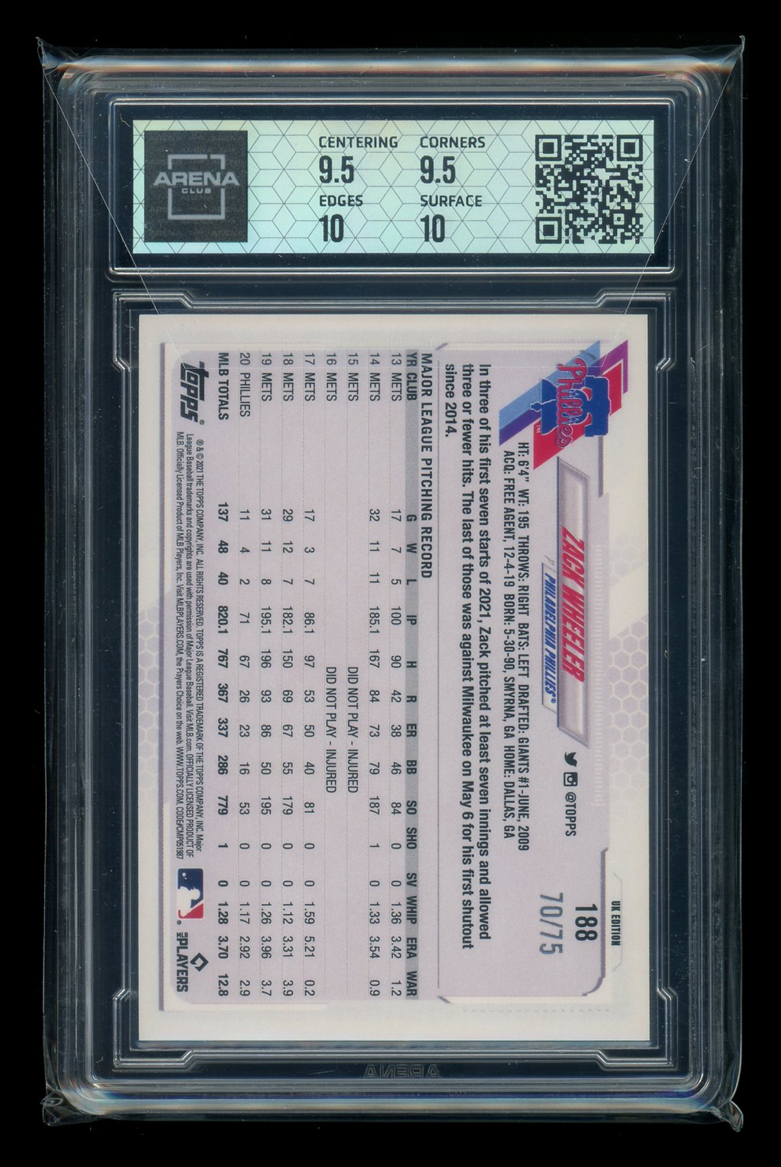 2021 Topps UK Edition Blue Zack Wheeler #188 70/75 Baseball Arena Club 10