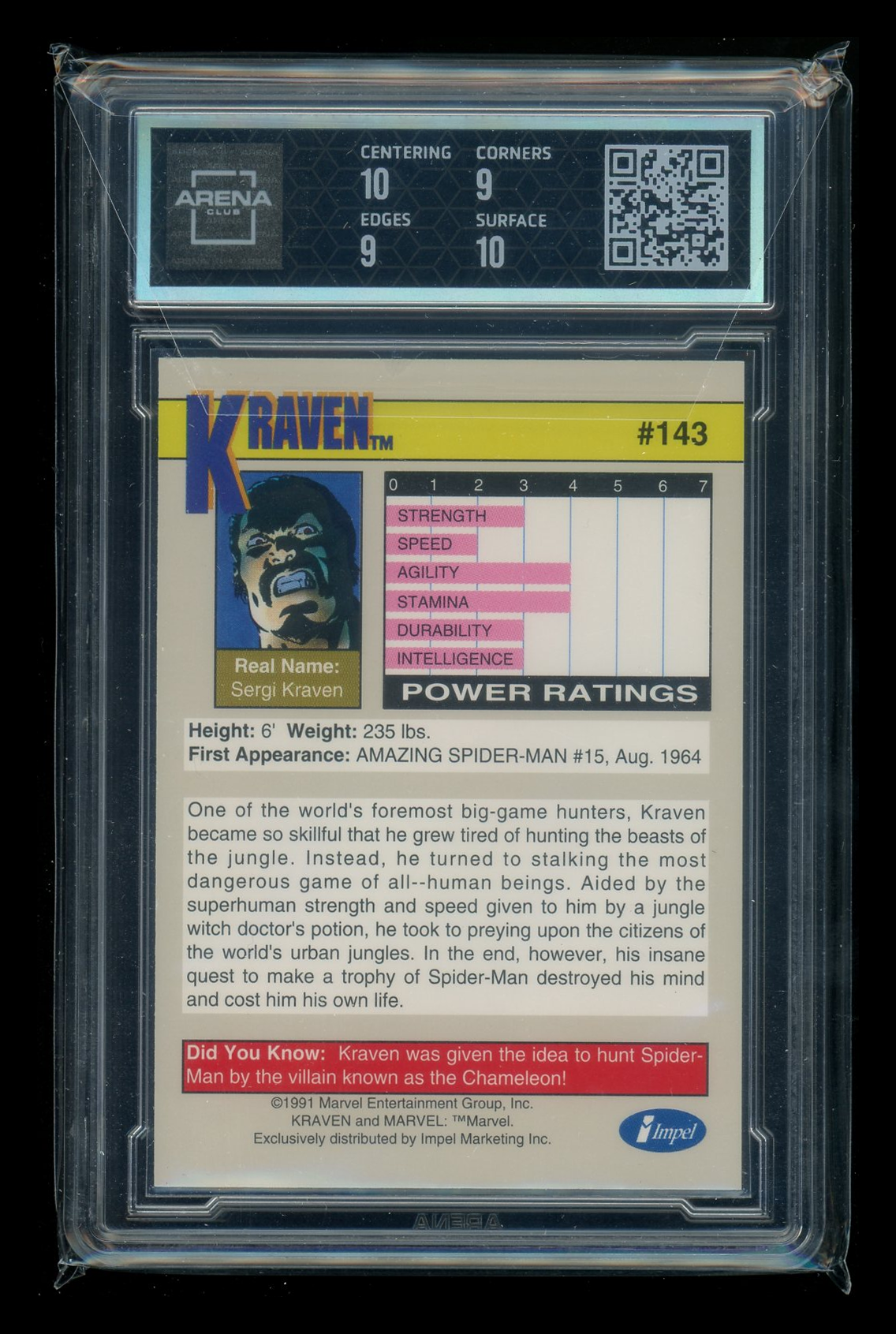 1991 Impel Marvel Universe Kraven #143 Arena Club 9.5
