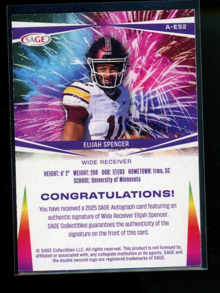 2025 SAGE Elijah Spencer #A-ES2 36/100 Autograph Football