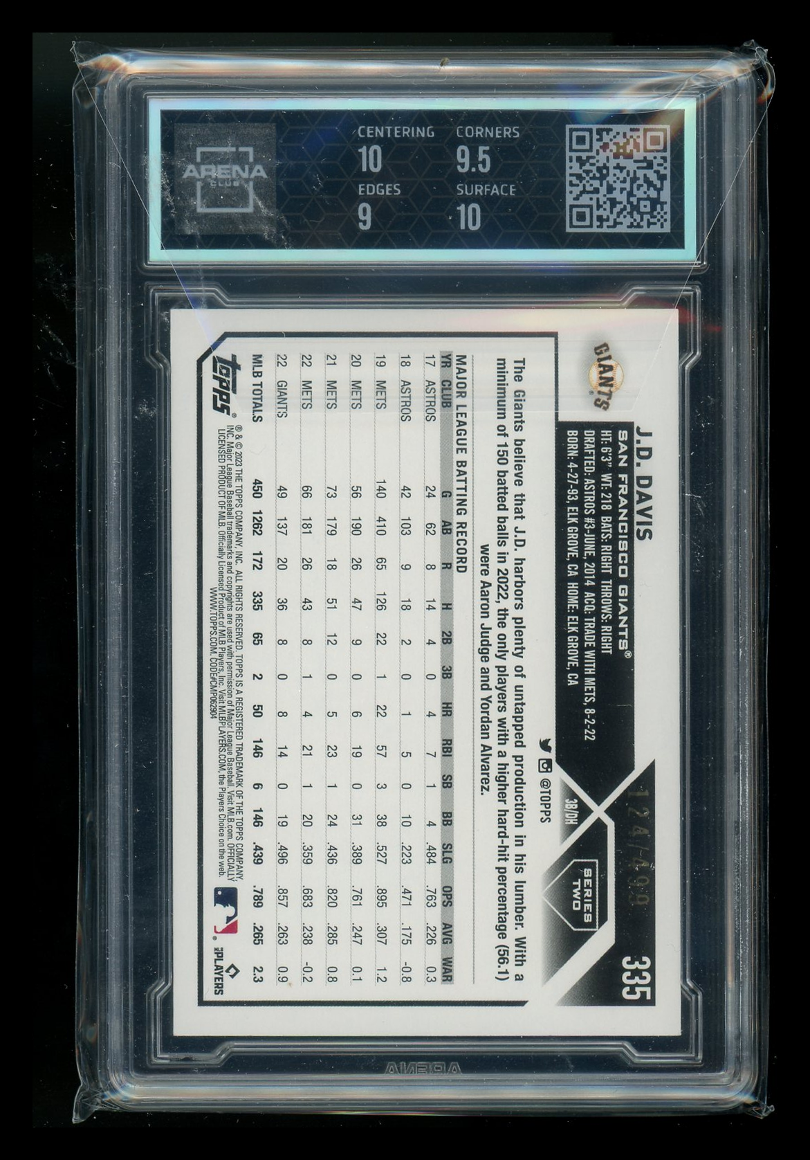 2023 Topps Green Foil J.D. Davis #335 124/499 Baseball Arena Club 9.5