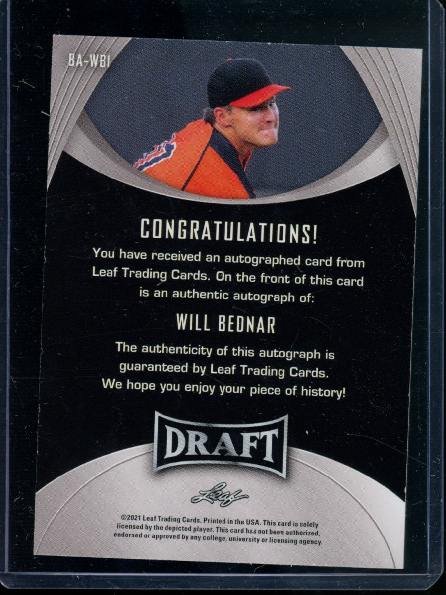 2021 Leaf Draft Will Bednar #BA-WBI Autograph RC Baseball