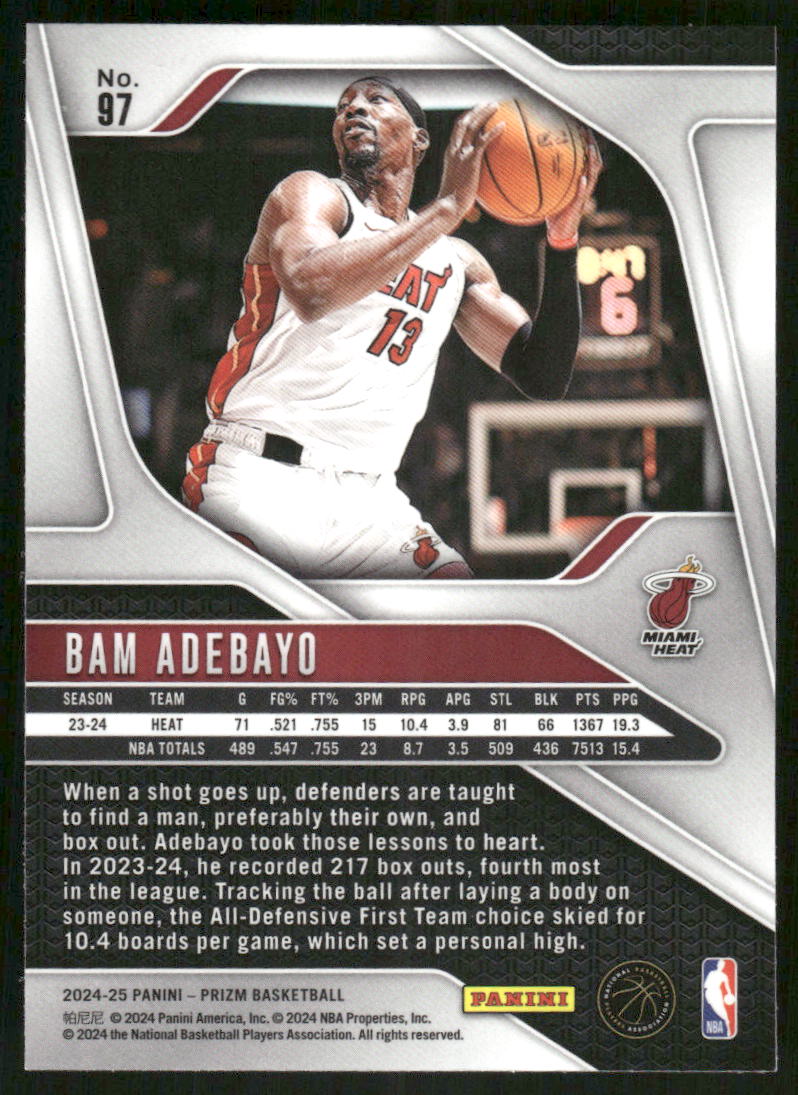 2024-25 Panini Prizm Basketball Bam Adebayo #97 Basketball