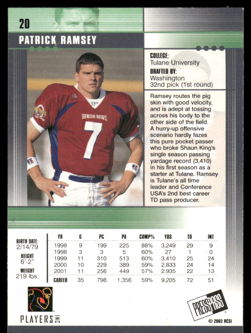 2002 Press Pass JE Patrick Ramsey #20 Football