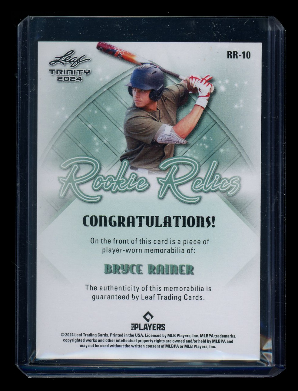 2024 Leaf Trinity Bryce Rainer #RR-10 Rookie Relics Player-worn memorabilia