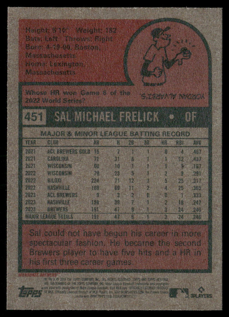2024 Topps Heritage Sal Frelick #451 RC Baseball