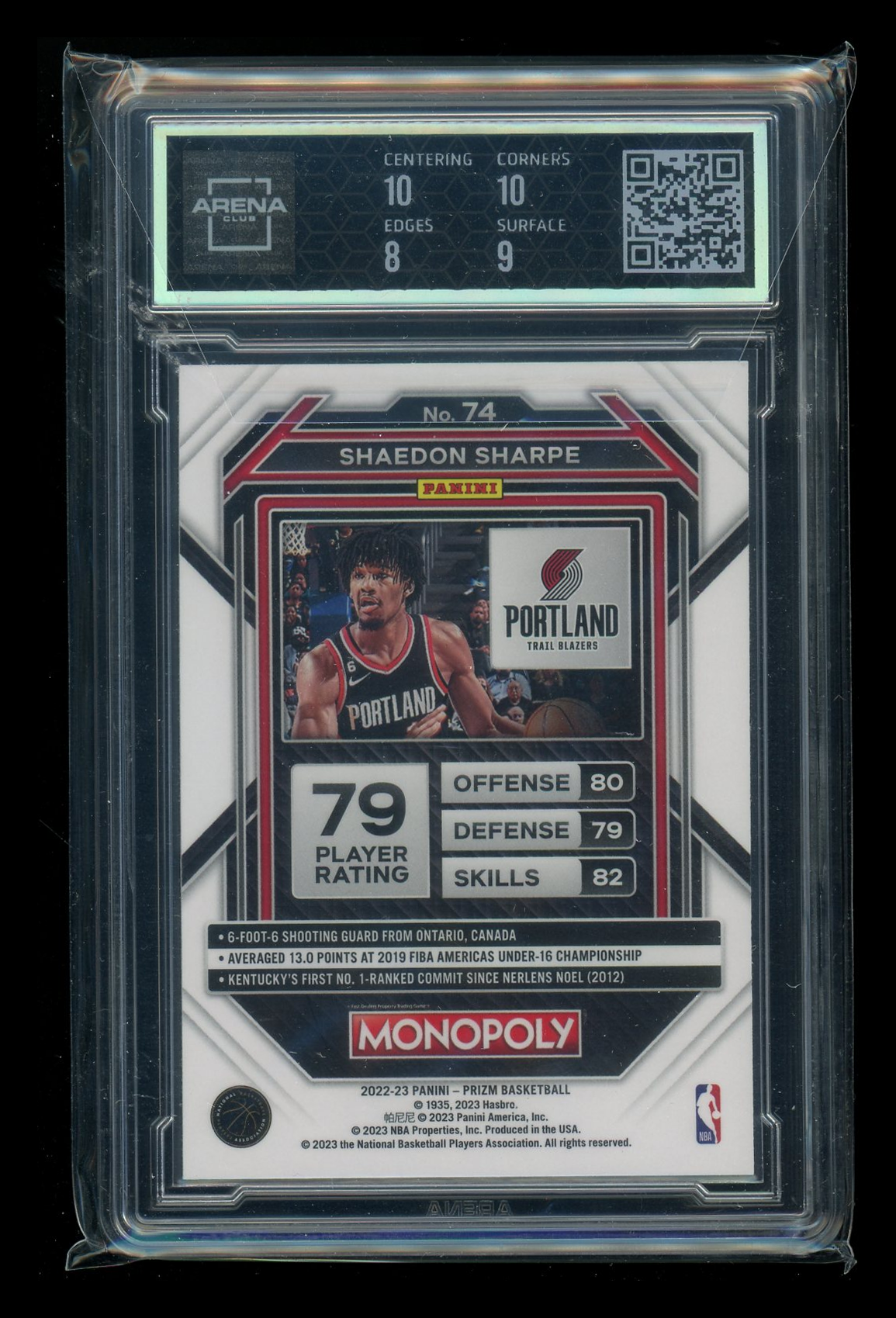2022-23 Panini Prizm Monopoly Shaedon Sharpe #74 RC Basketball Arena Club 8.5