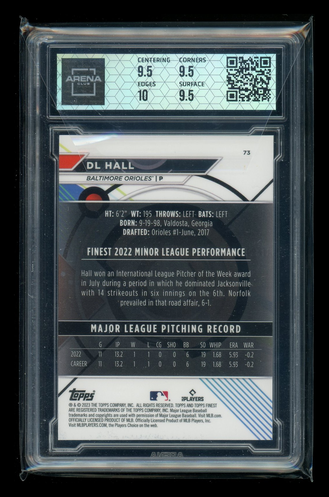 2023 Topps Finest DL Hall #73 Purple Refractor 047/250 RC Baseball Arena Club 10