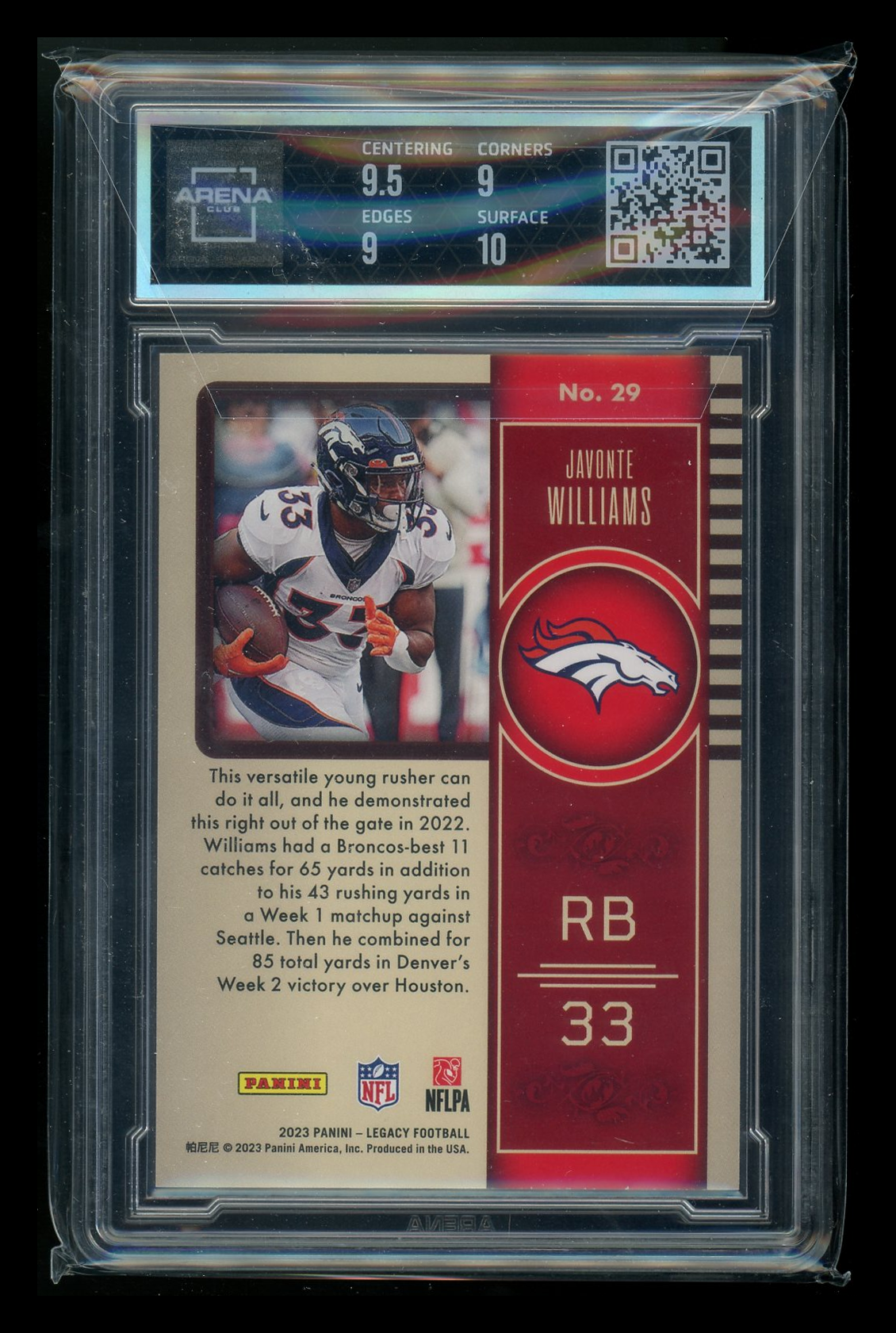 2023 Panini Legacy Orange Javonte Williams #29 099/199 Football Arena Club 9.5