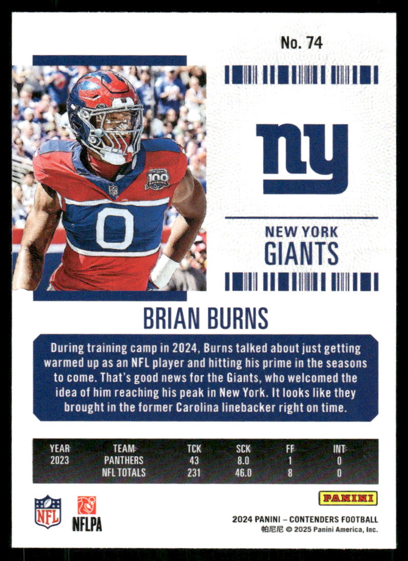 2025 Panini Contenders Football Brian Burns #74 Football