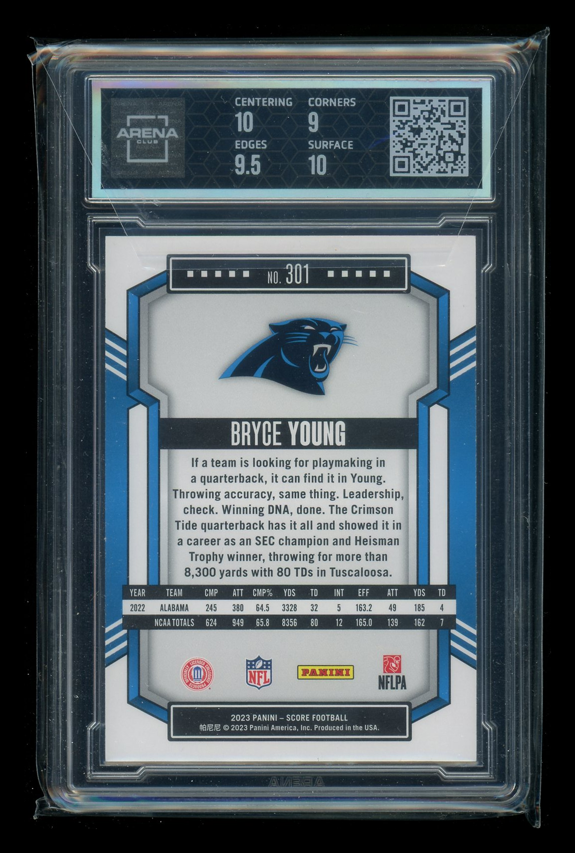 2023 Panini Score Gold Bryce Young #301 RC Football Arena Club 9.5