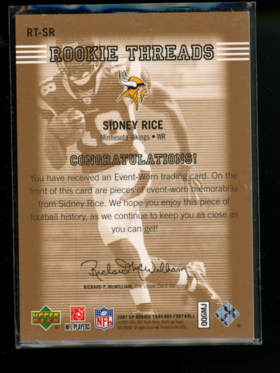 2007 Upper Deck SP Rookie Threads Sidney Rice #RT-SR Authentic Mem 161/225