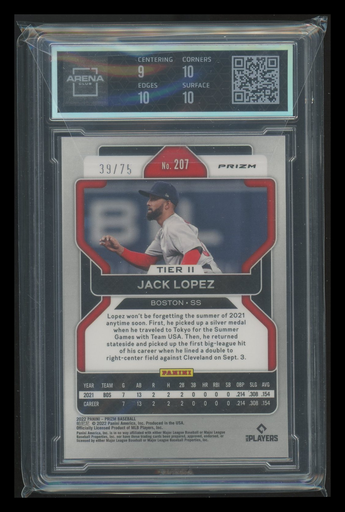 2022 Panini Prizm Jack Lopez #207 Power Plaid RC 39/75 Baseball Arena Club 9.5