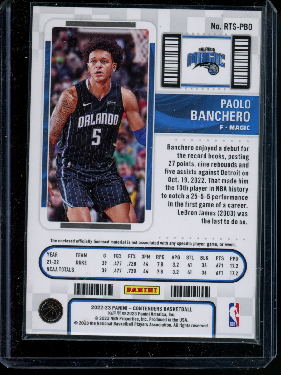 2022-23 Panini Contenders Rookie Ticket Paolo Banchero #RTS-PBO Jersey Patch RC