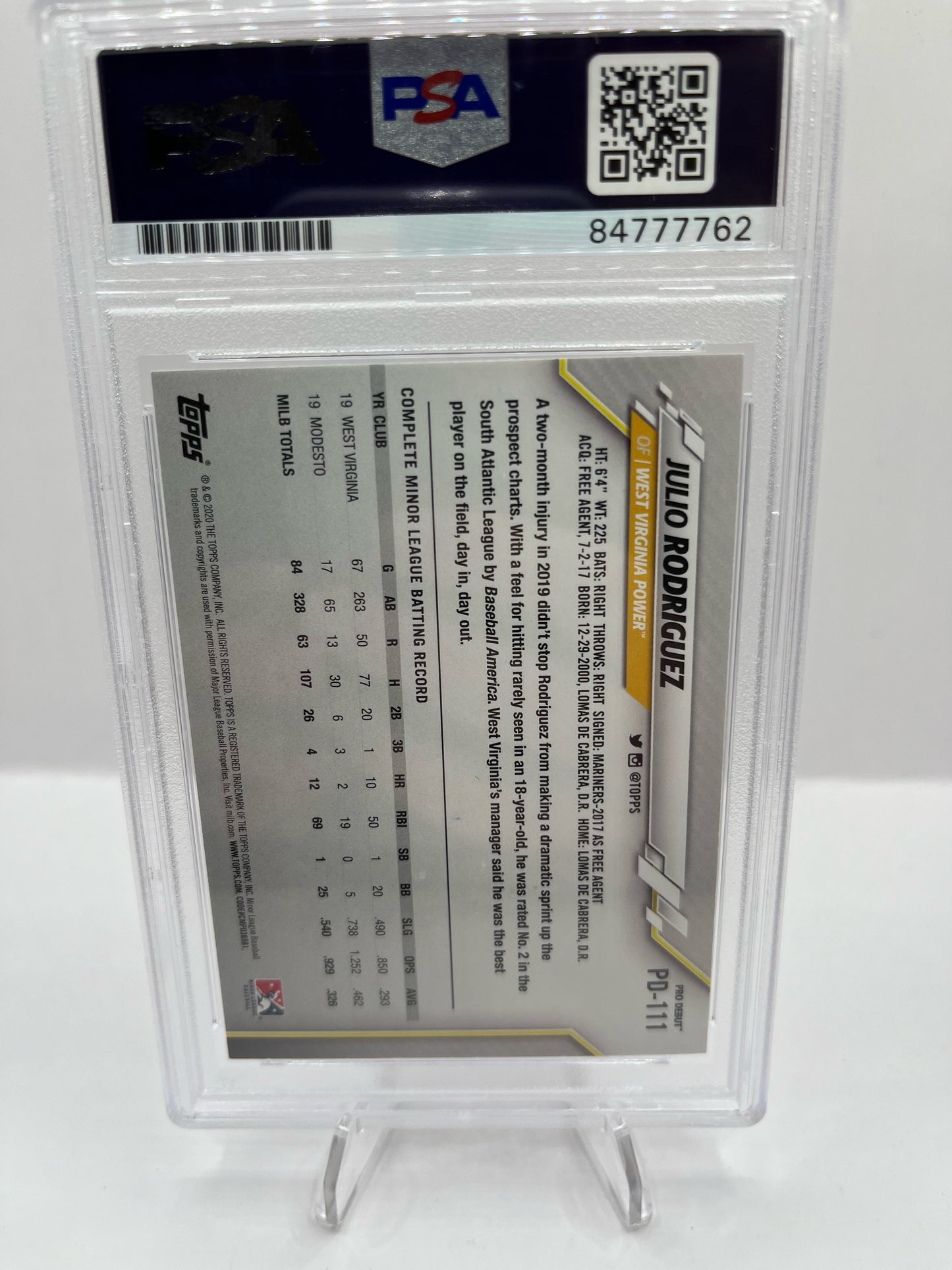2020 Topps Pro Debut Julio Rodriguez #PD-111 Auto Baseball PSA A