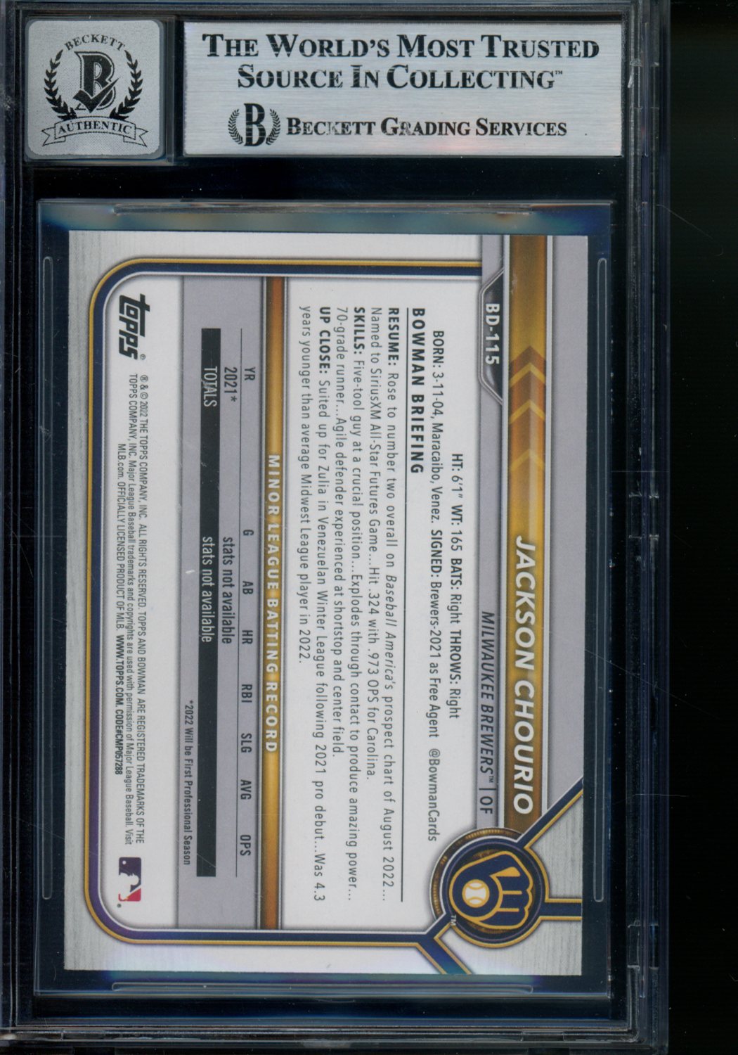 2022 Bowman Draft Jackson Chourio #BD115 Baseball BGS Authentic
