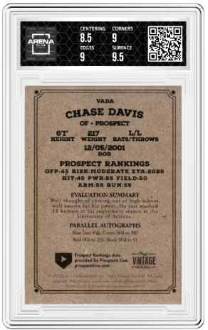 2023 Oynx Chase Davis #VADA Auto Blue RC Baseball Arena Club 9