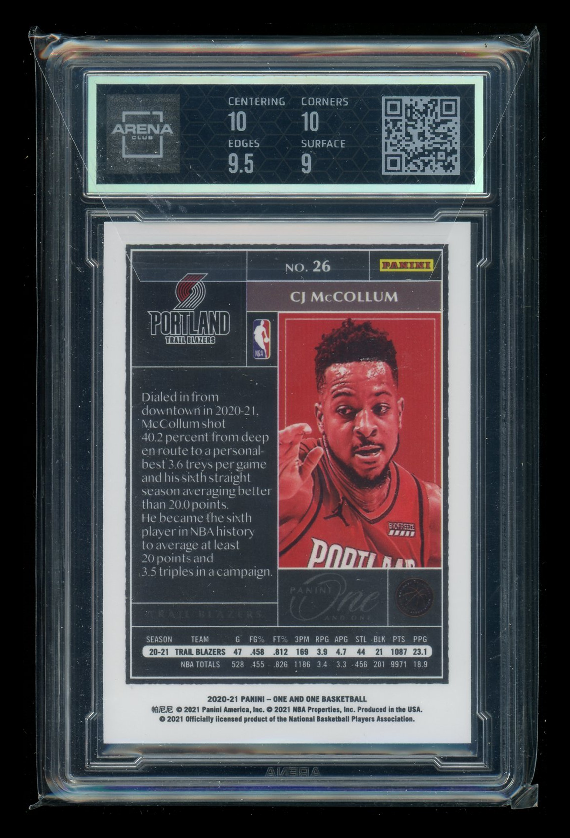 2020-21 Panini One & One CJ McCollum #26 84/99 Basketball Arena Club 9.5
