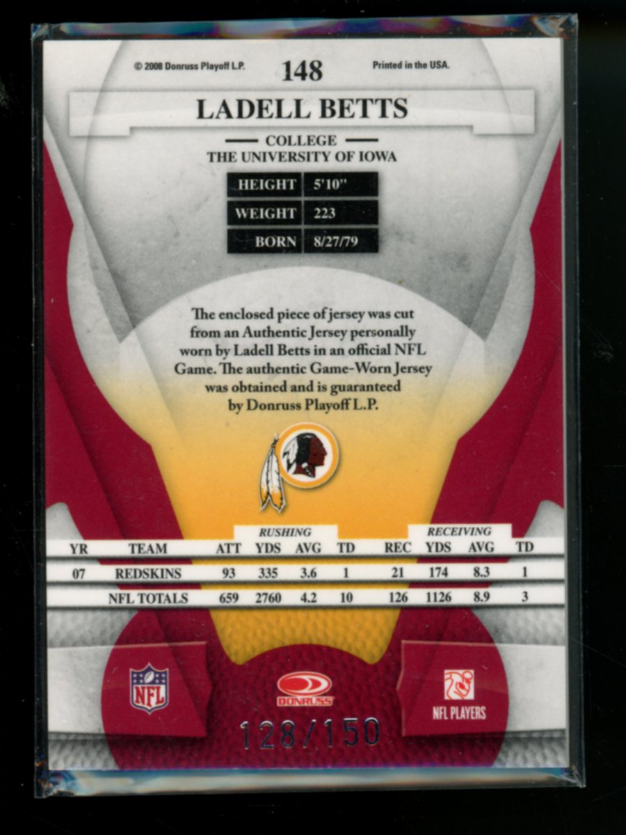 2006 Donruss Playoff Absolute Memorabilia Ladell Betts #148 128/150 Game-Worn
